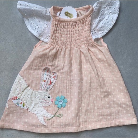 Mud Pie 3-6m NWT pink Easter bunny Rabbit Dress smocked eyelet applique - Picture 1 of 4
